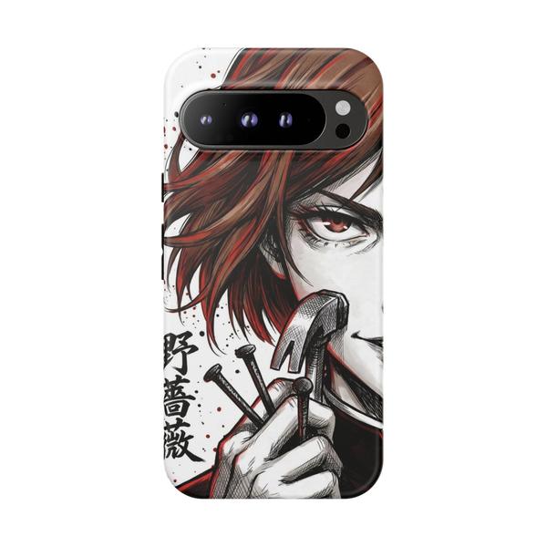 White Google Pixel case with Nobara Kugisaki from Jujutsu Kaisen, holding nails and a hammer.