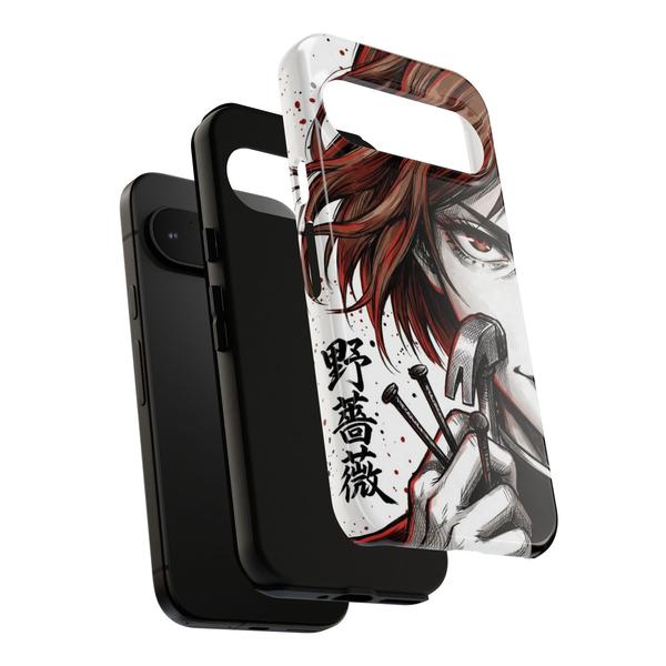 White Google Pixel case with Nobara Kugisaki manga art, holding nails and hammer, with Japanese text.