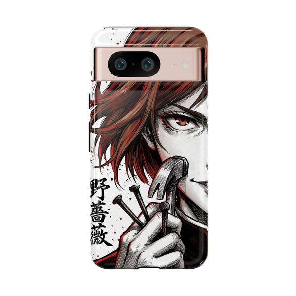 Nobara Kugisaki Jujutsu Kaisen Google Pixel tough case with manga art, nails, and straw doll hammer.