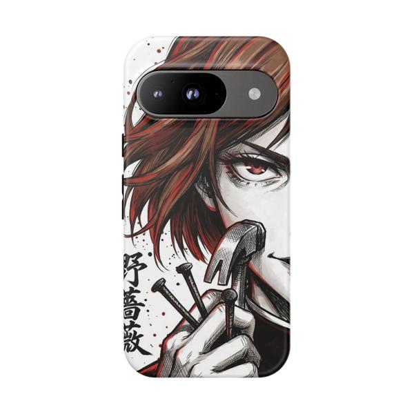White Google Pixel case with Nobara Kugisaki manga art, holding nails and hammer, red hair, black camera bar.