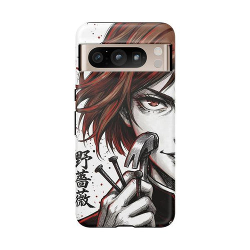 Nobara Kugisaki Jujutsu Kaisen Google Pixel tough case with manga-style portrait, nails, and hammer.