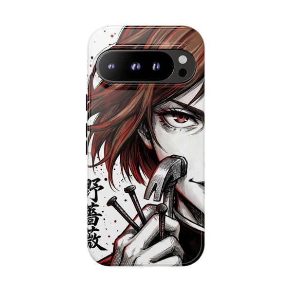 White Google Pixel case with Nobara Kugisaki manga art, holding nails and hammer, red hair, black text.