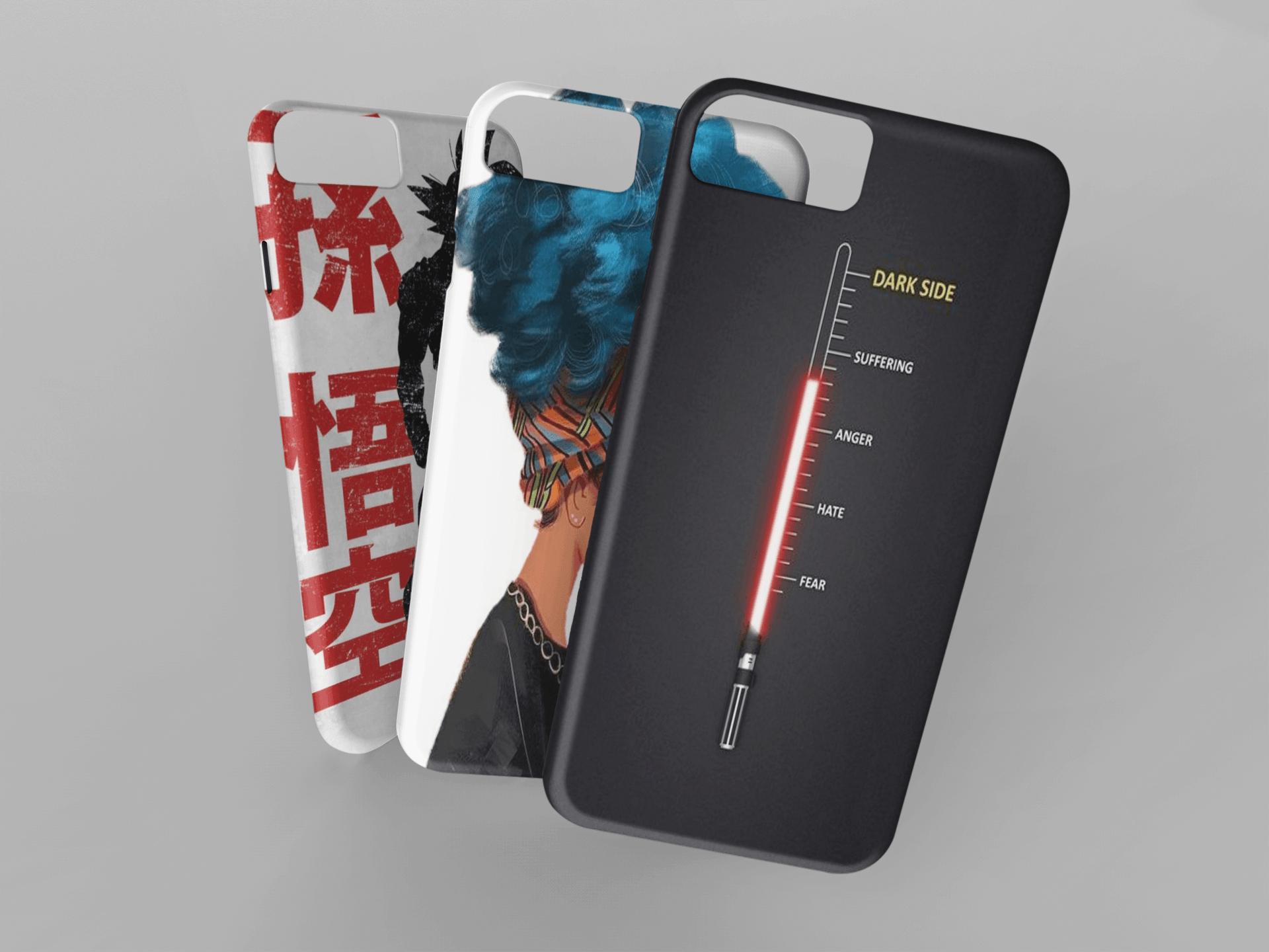 Three phone cases with different designs on a gray background